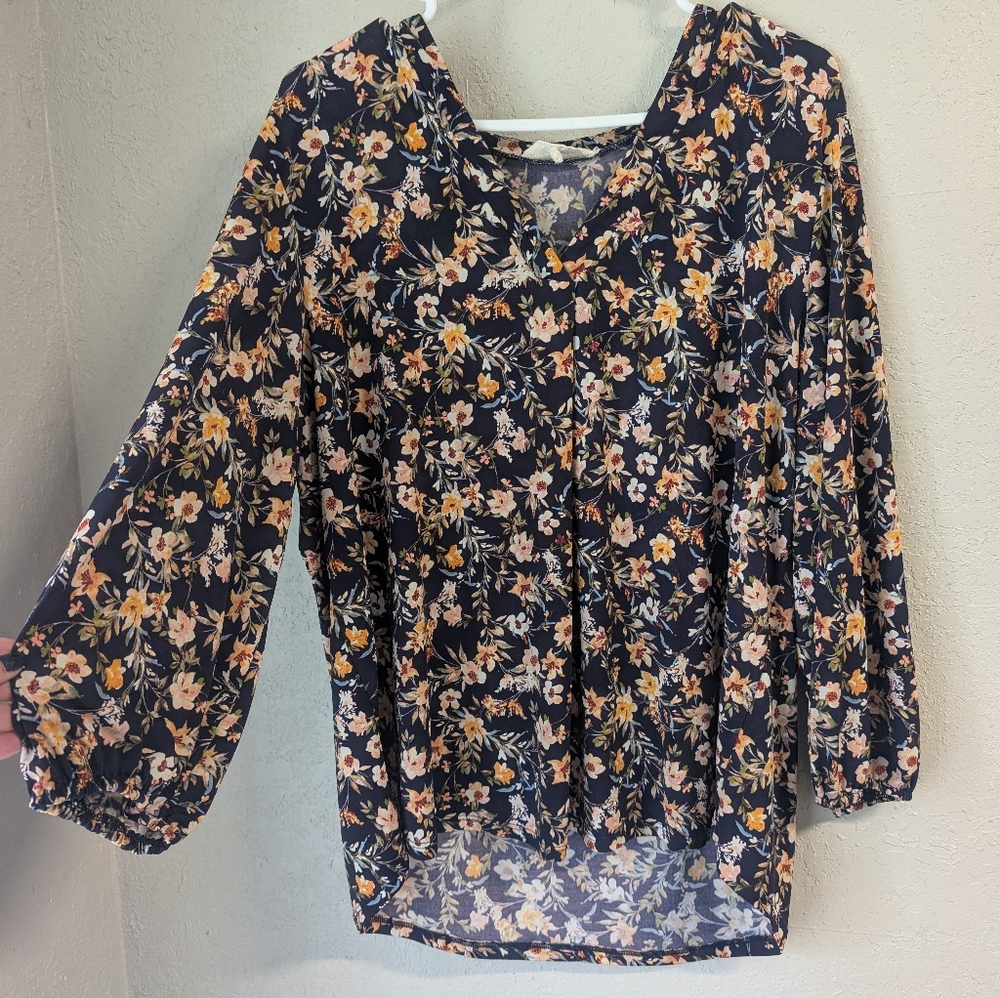 Navy Floral V-Neck Long Sleeve Tunic Blouse XL Cottage Boho Whimsical Hippie